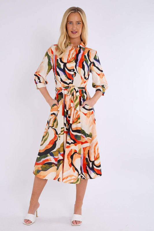 Orange & Green Pattern Print Midi Shirt Dress
