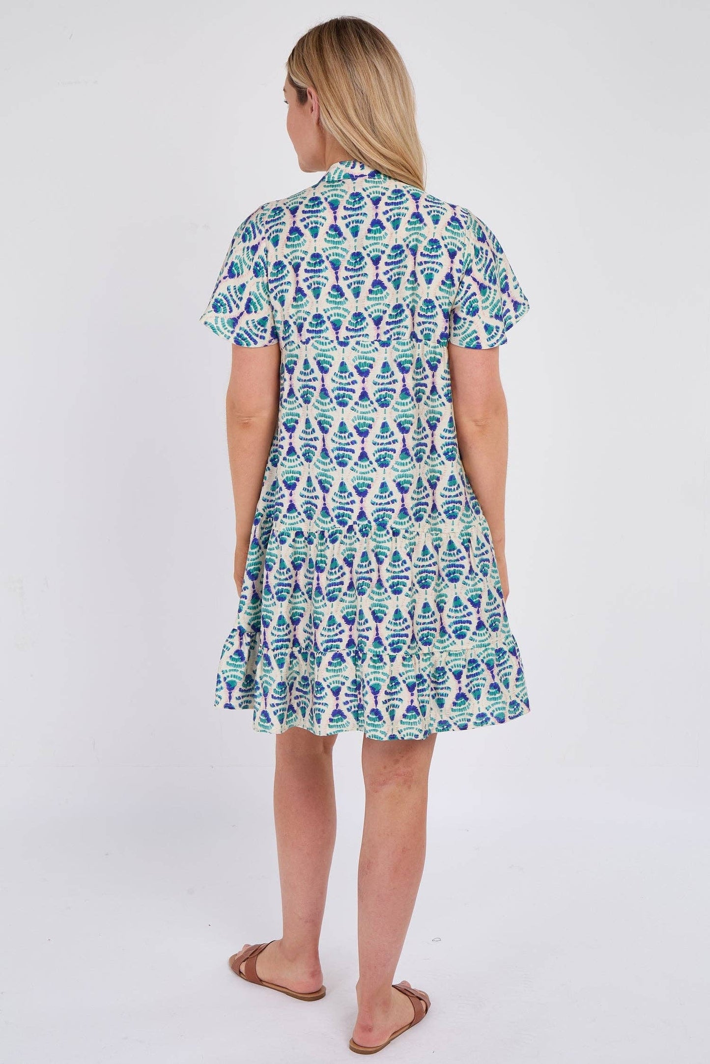 Teal Patterned Print Ruffle Hem Mini Dress