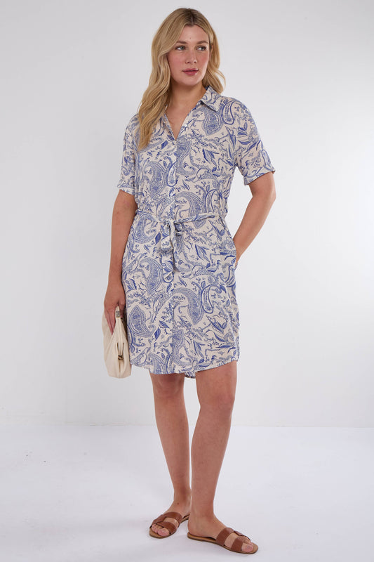 Blue Paisley Print Short Sleeve Mini Shirt Dress