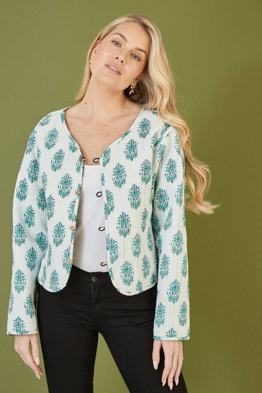 Yumi Black Floral Print Reversible Cotton Quilted Jacket