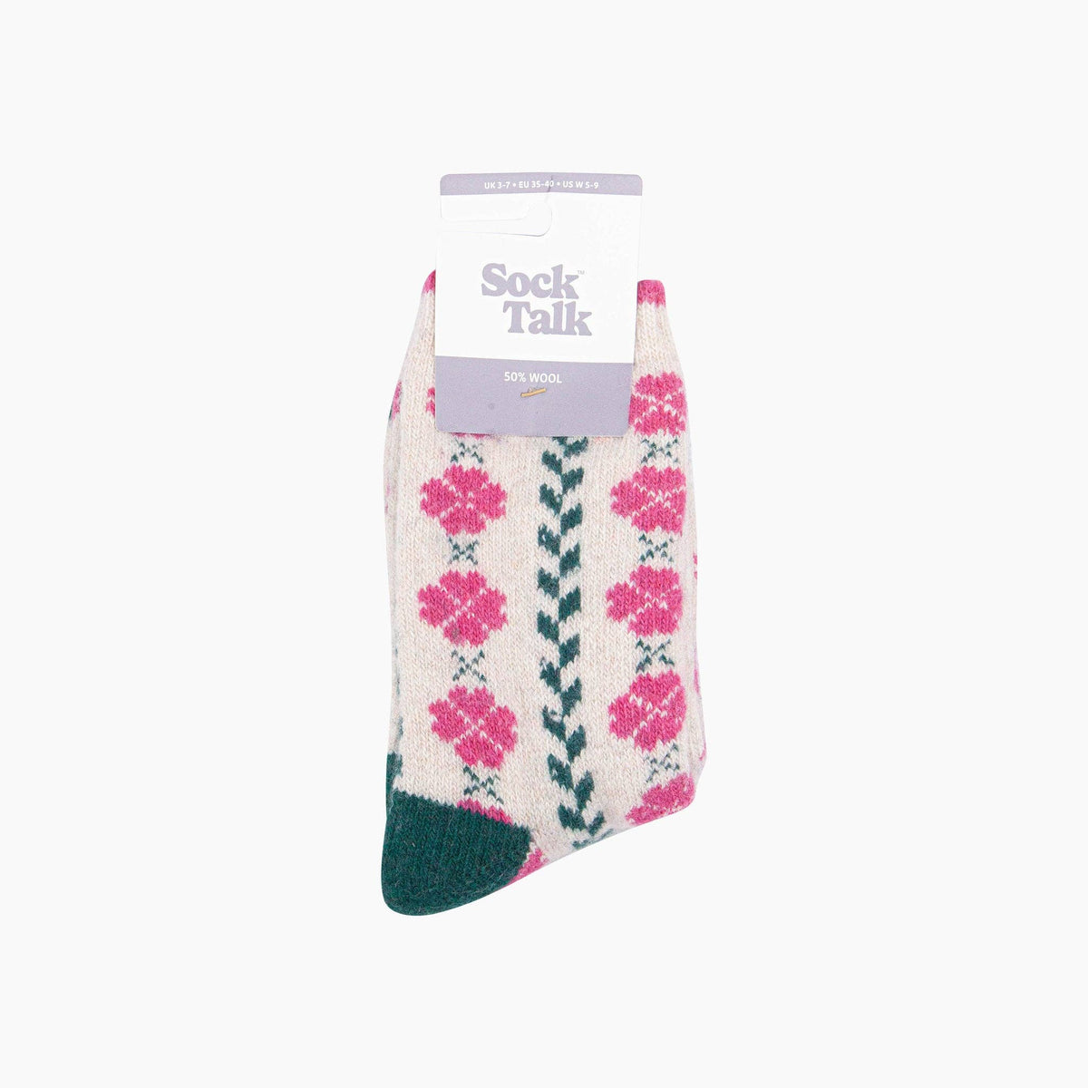 Thick Floral Wool Blend Socks in Ecru (3-7)