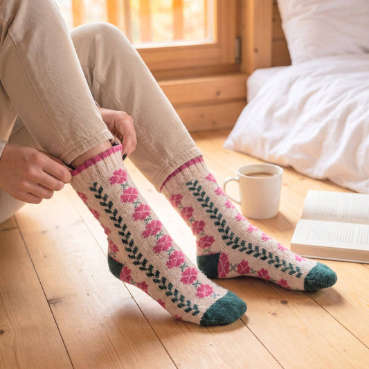 Thick Floral Wool Blend Socks in Ecru (3-7)