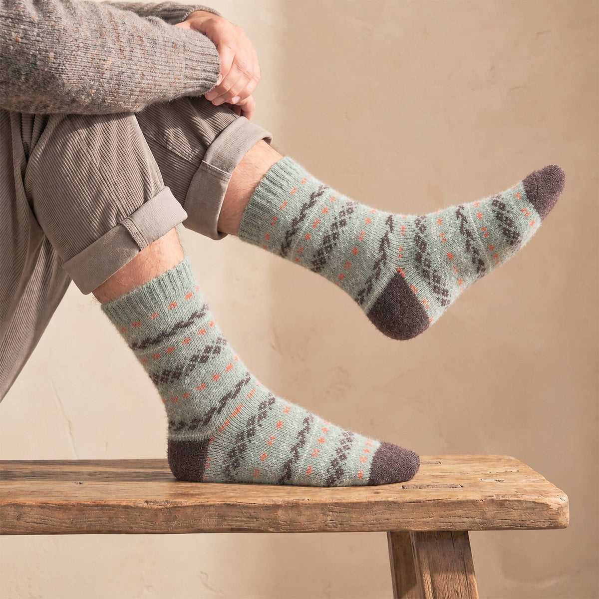 Thick Fair Isle Wool Blend Socks in Sage (7-11)