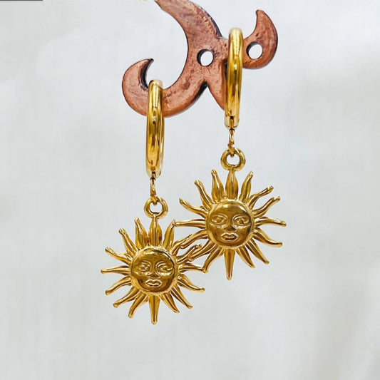 WHITE LEAF 18kt Gold Plated Huggie Sun Goddess Drop Earrings