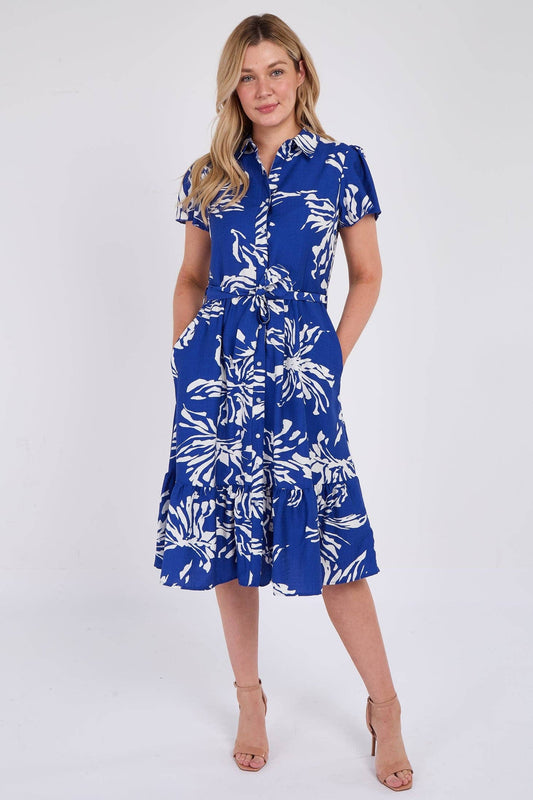 Cobalt Floral Print  Frilled Hem Midi Dress