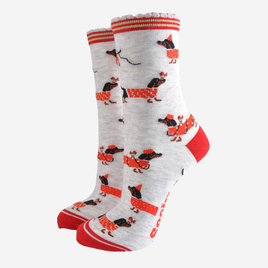 Festive Sausage Dog & Robin Bamboo Socks
