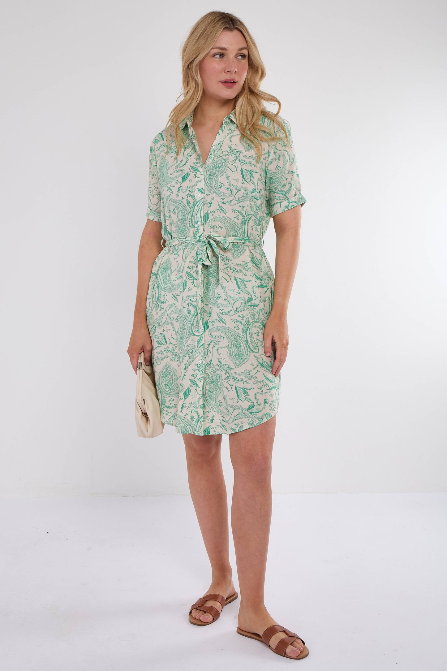 Green Paisley Print Short Sleeve Mini Shirt Dress