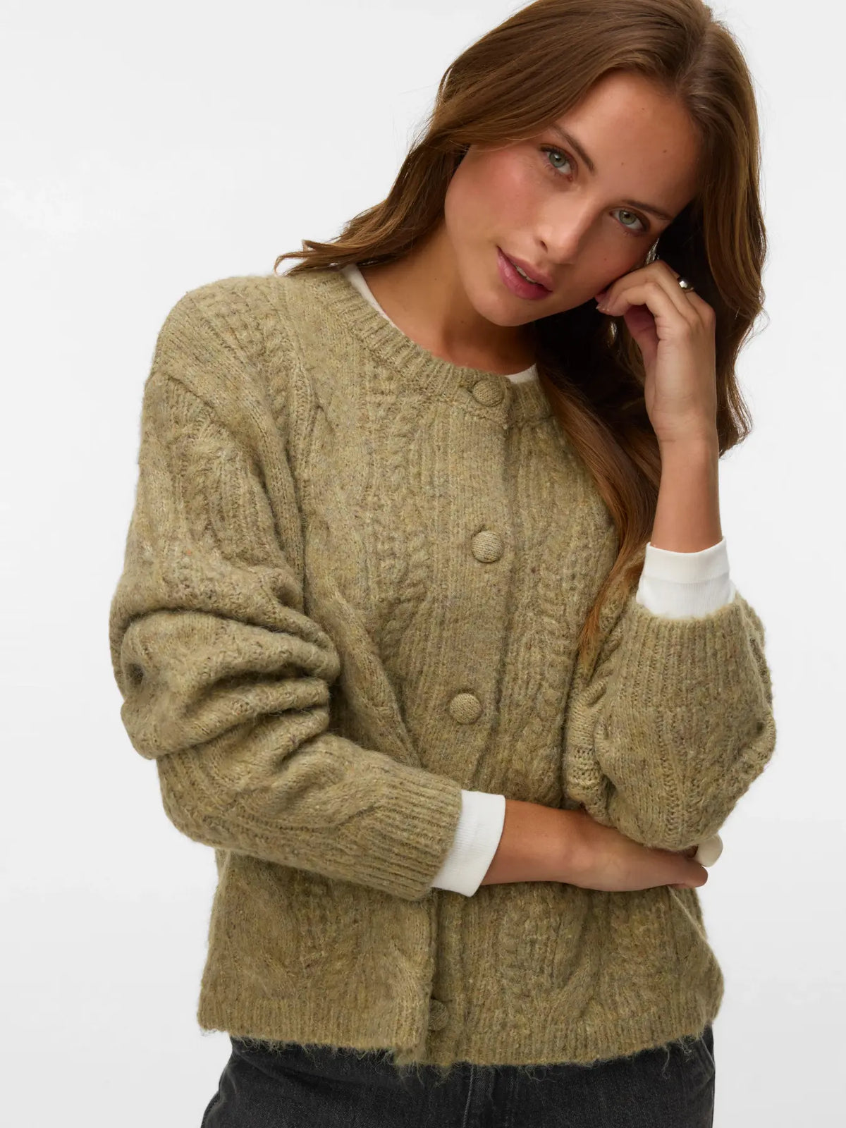 Vero Moda Ingrid Cable Knit Cardigan Oil Green