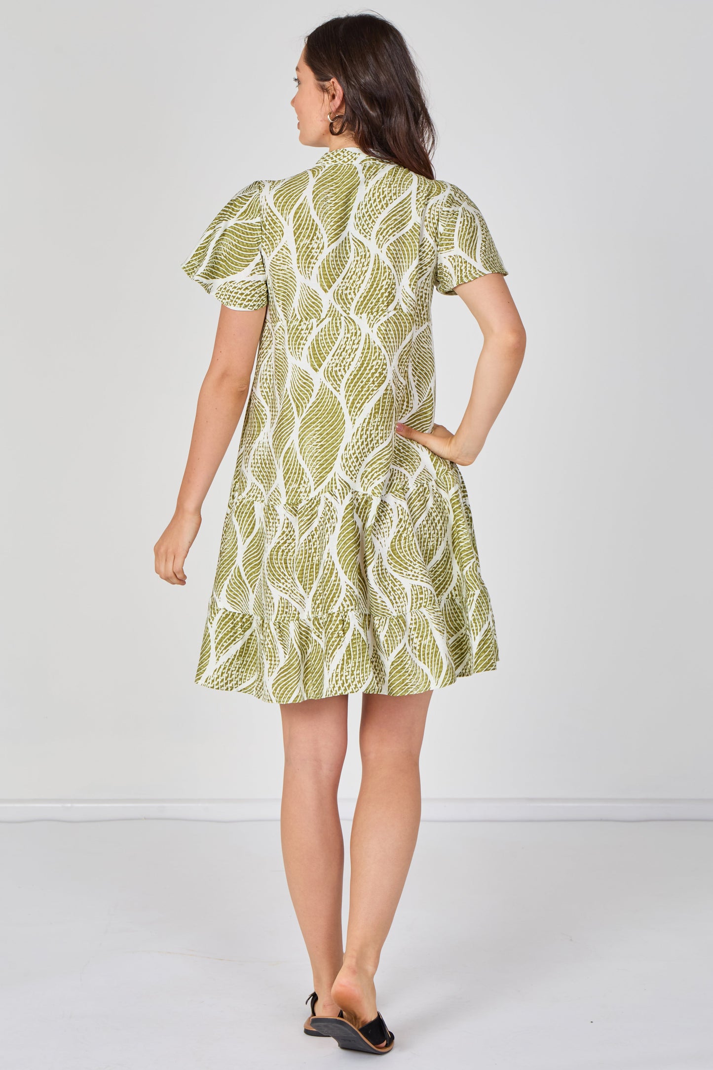 Leaf Print Tiered Mini Dress in Olive