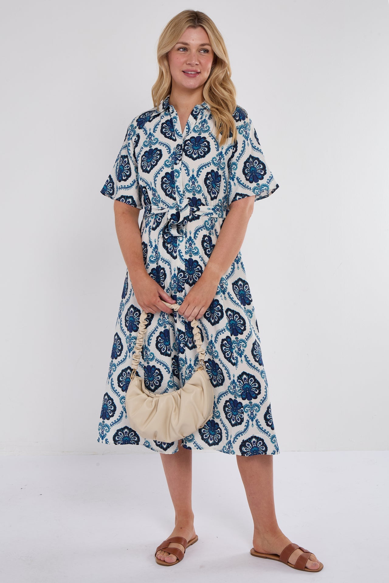 Floral Tile Print Midi Shirt Dress
