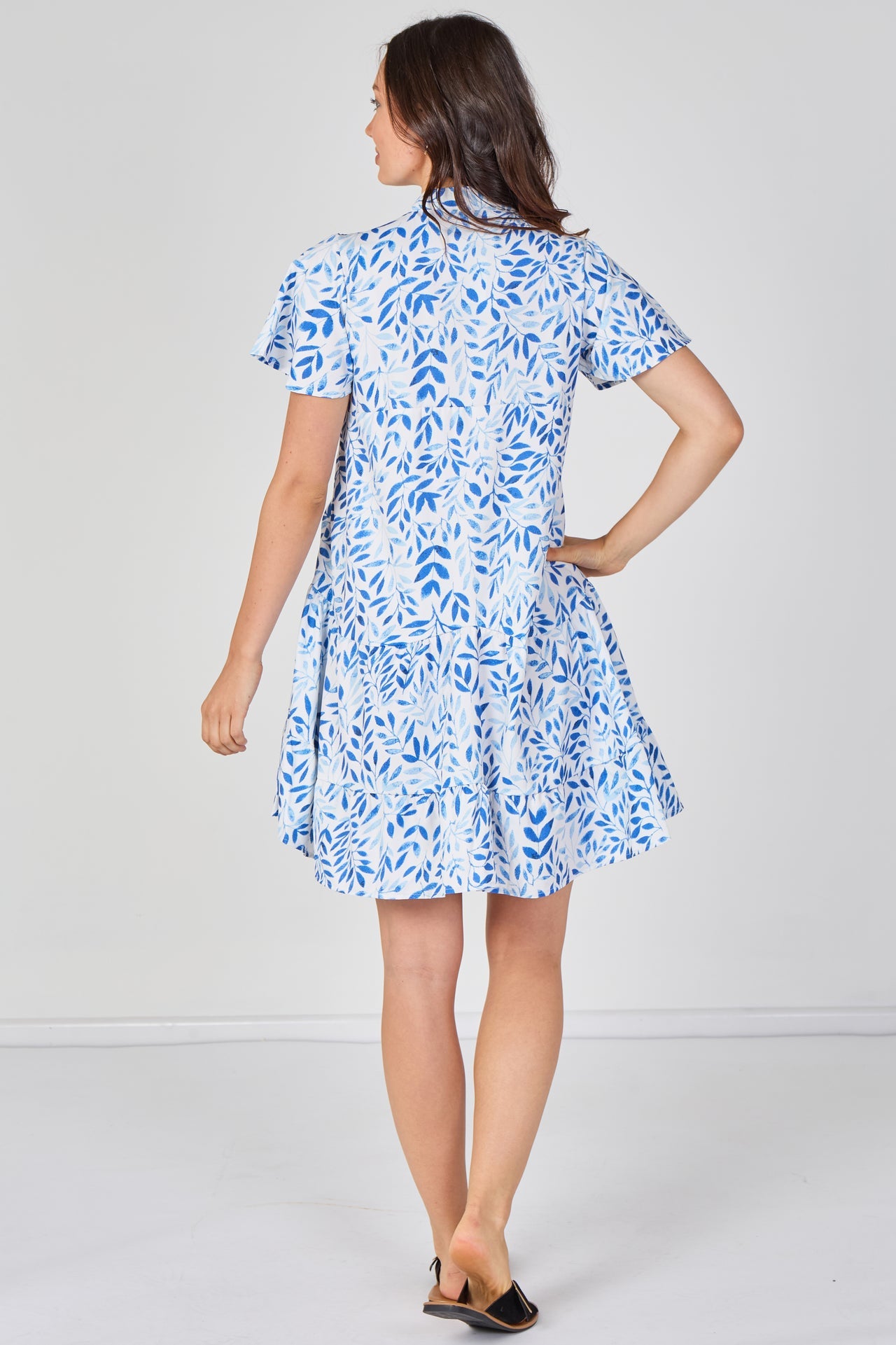Leaf Print Tiered Mini Dress in Blue
