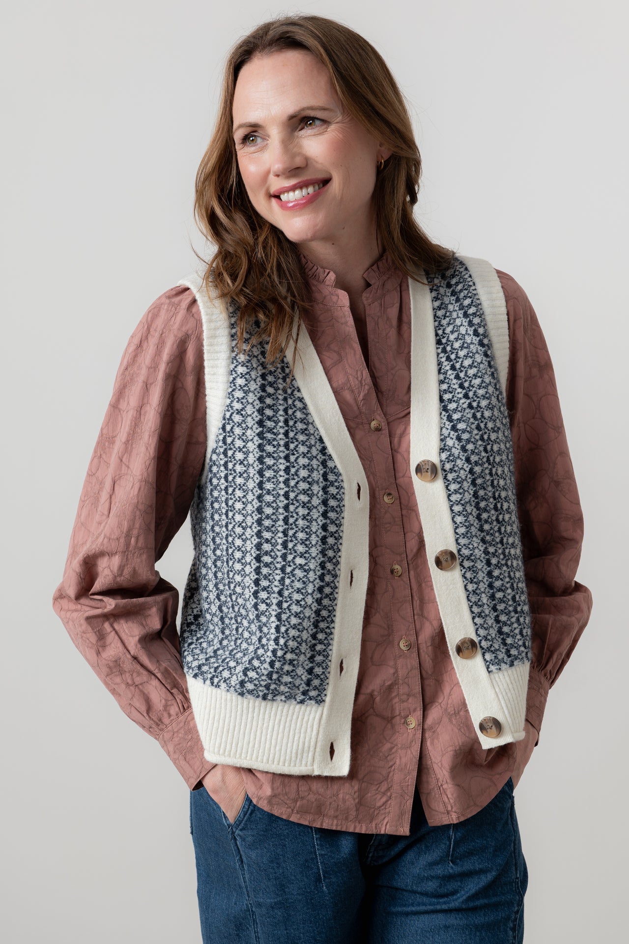 Gwyneth Fair Isle Vest in Ivory & Navy