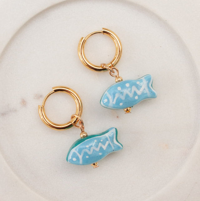 LAST TRUE ANGEL 18ct Plated Gold Huggie Hoops with Ceramic Fish