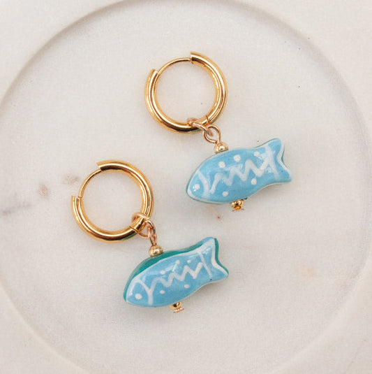 LAST TRUE ANGEL 18ct Plated Gold Huggie Hoops with Ceramic Fish