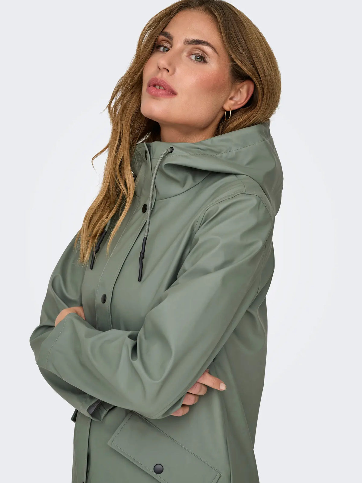 ONLY Elisa Longline Rubberised Raincoat in Agave Green