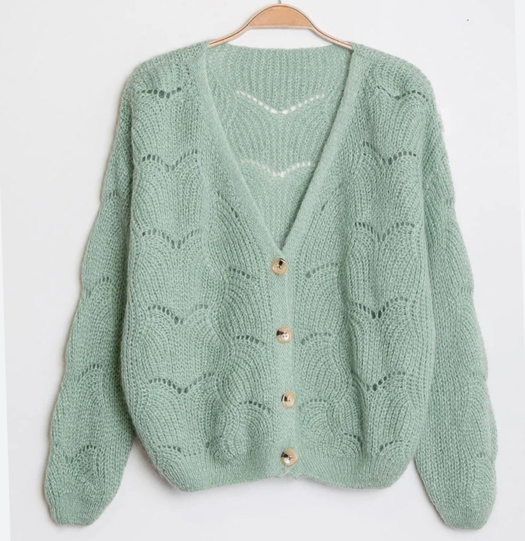Mohair Pointelle Cardigan in Mint