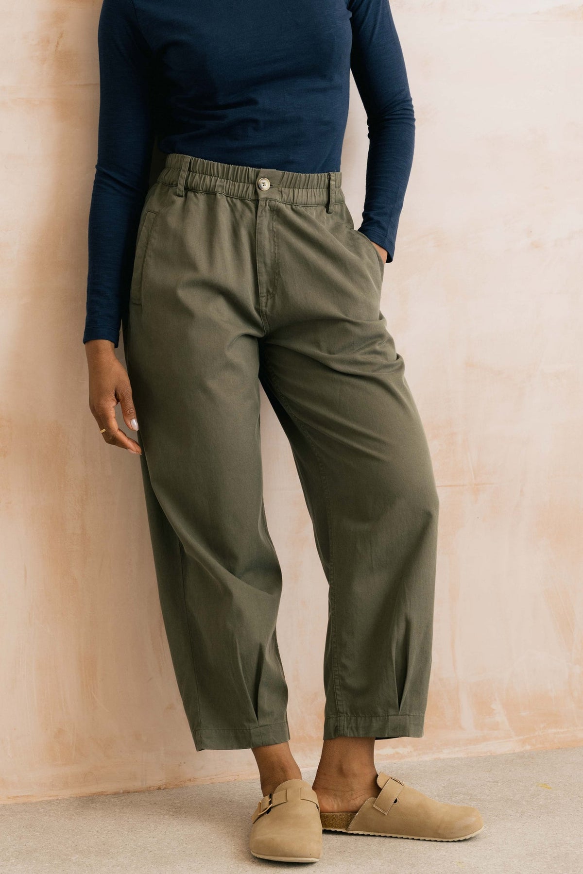 Lily & Me Shirin Olive Relaxed Barrel Leg Trousers