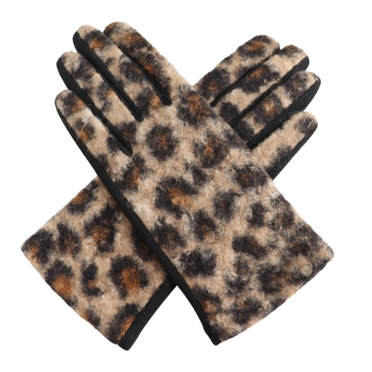 Borg Leopard Print Gloves - Natural