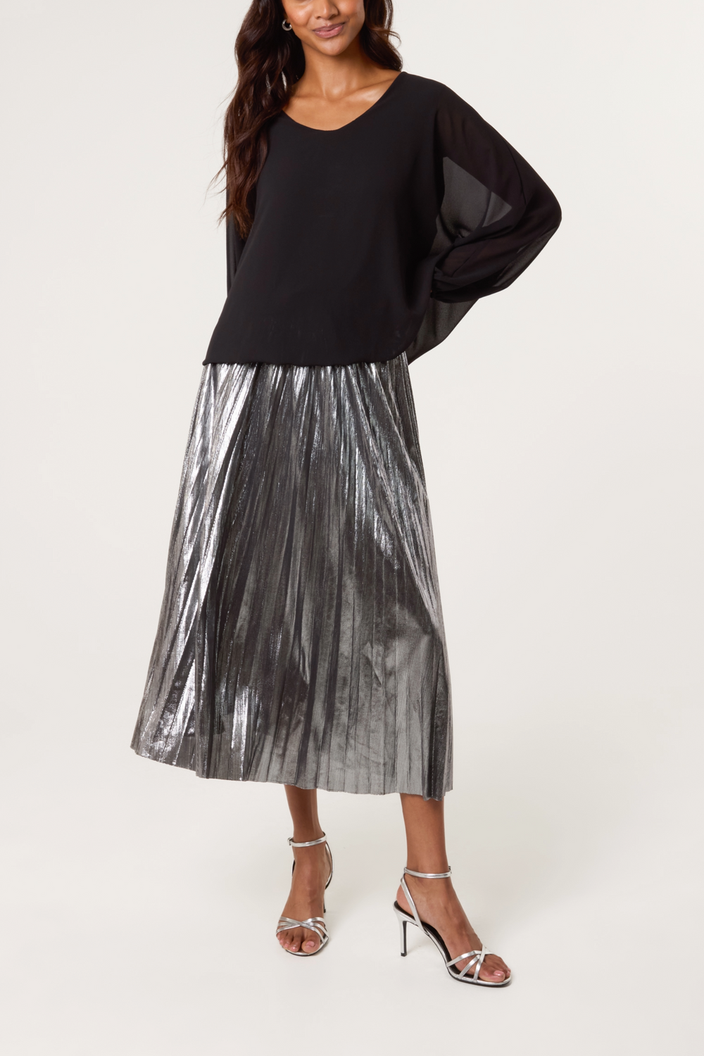 Metallic Pleated Midi Skirt Pewter