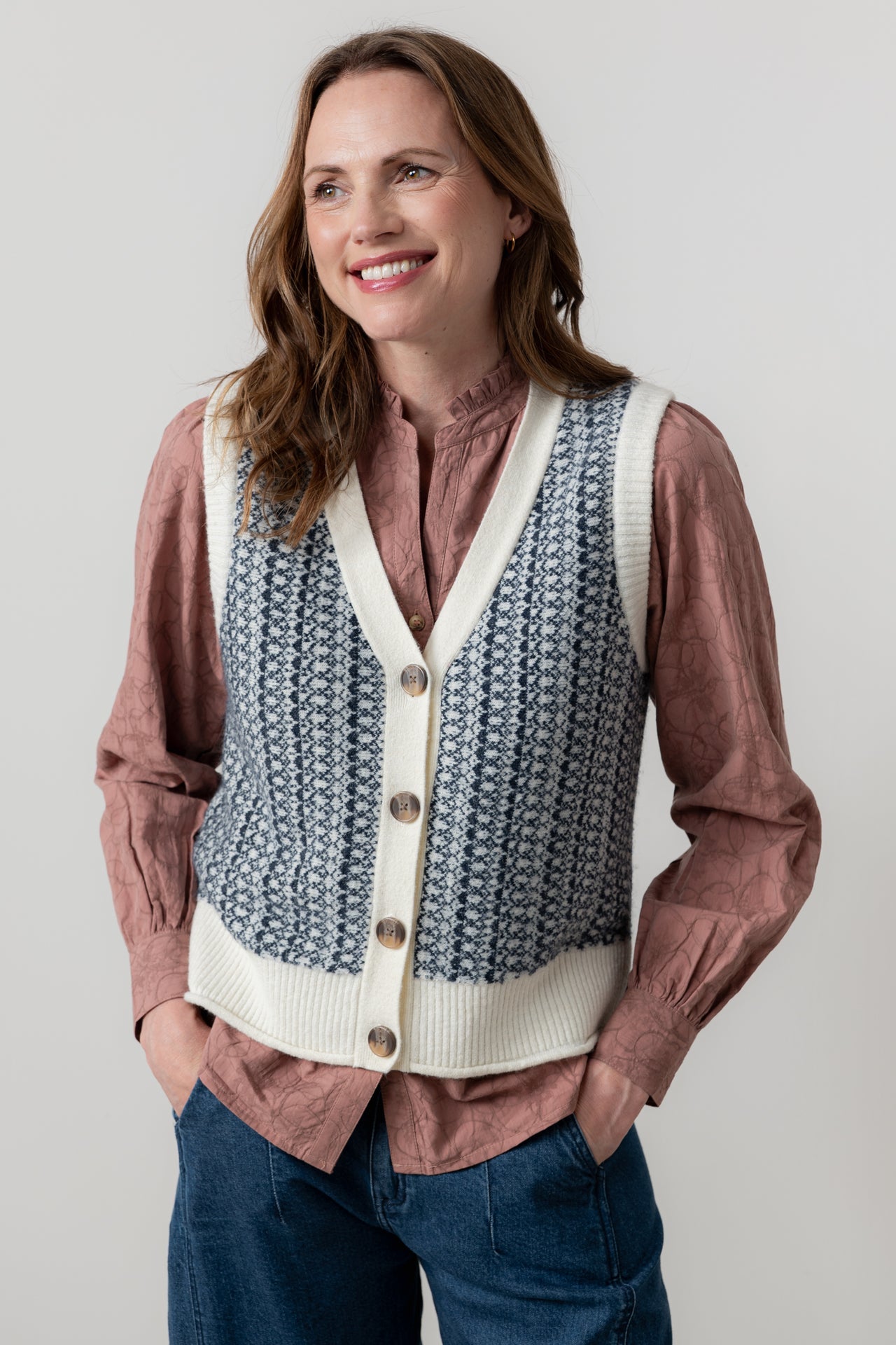 Gwyneth Fair Isle Vest in Ivory & Navy