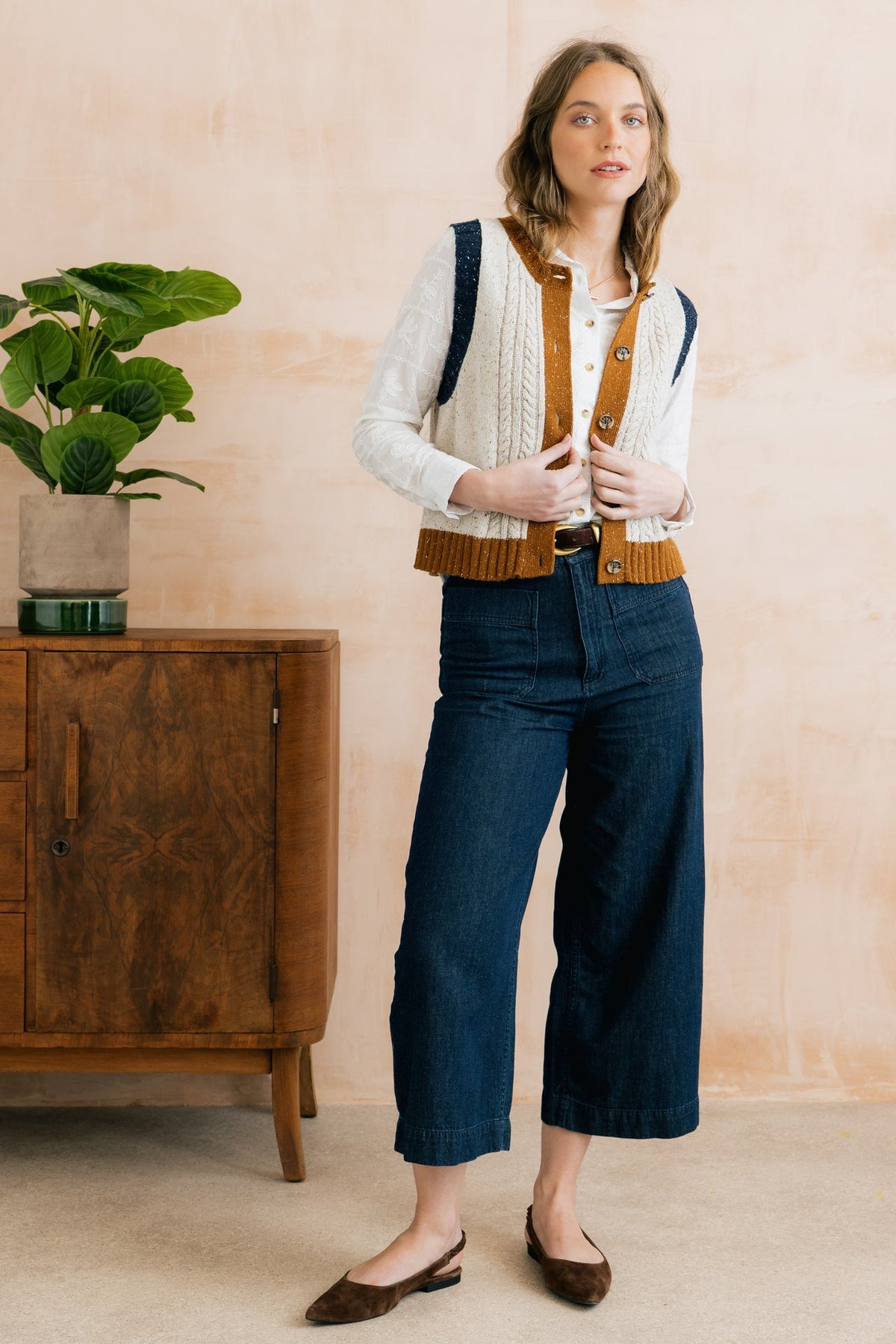 Lily & Me Amelia Cropped Wide Leg Dark Wash Denim Trousers