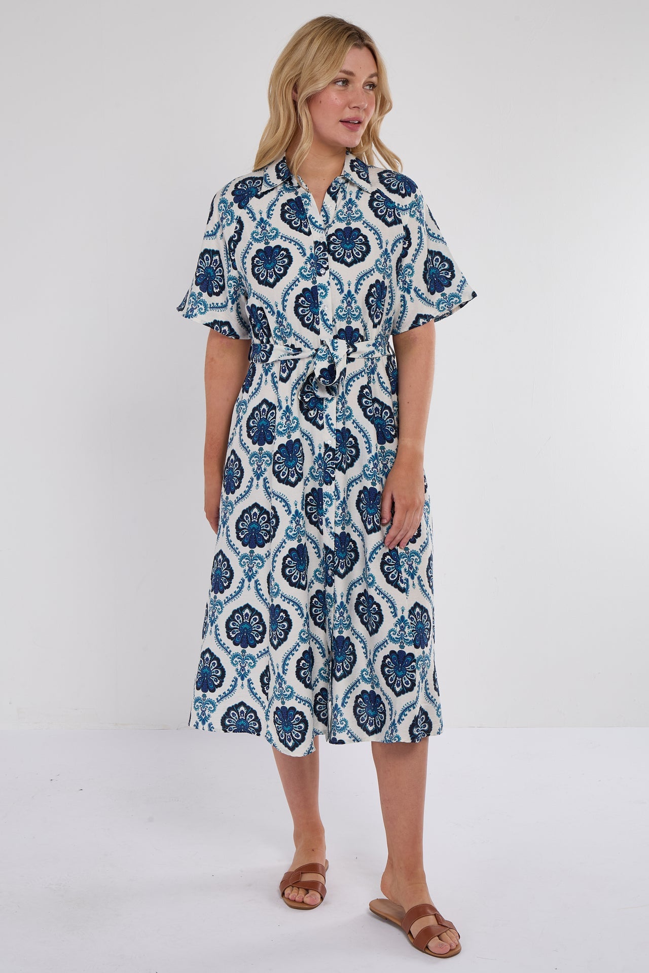 Floral Tile Print Midi Shirt Dress