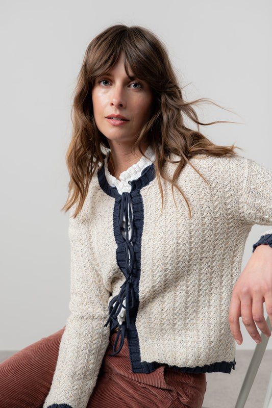 Lily & Me Adelia Fleck Knit Cardigan Ecru & Navy