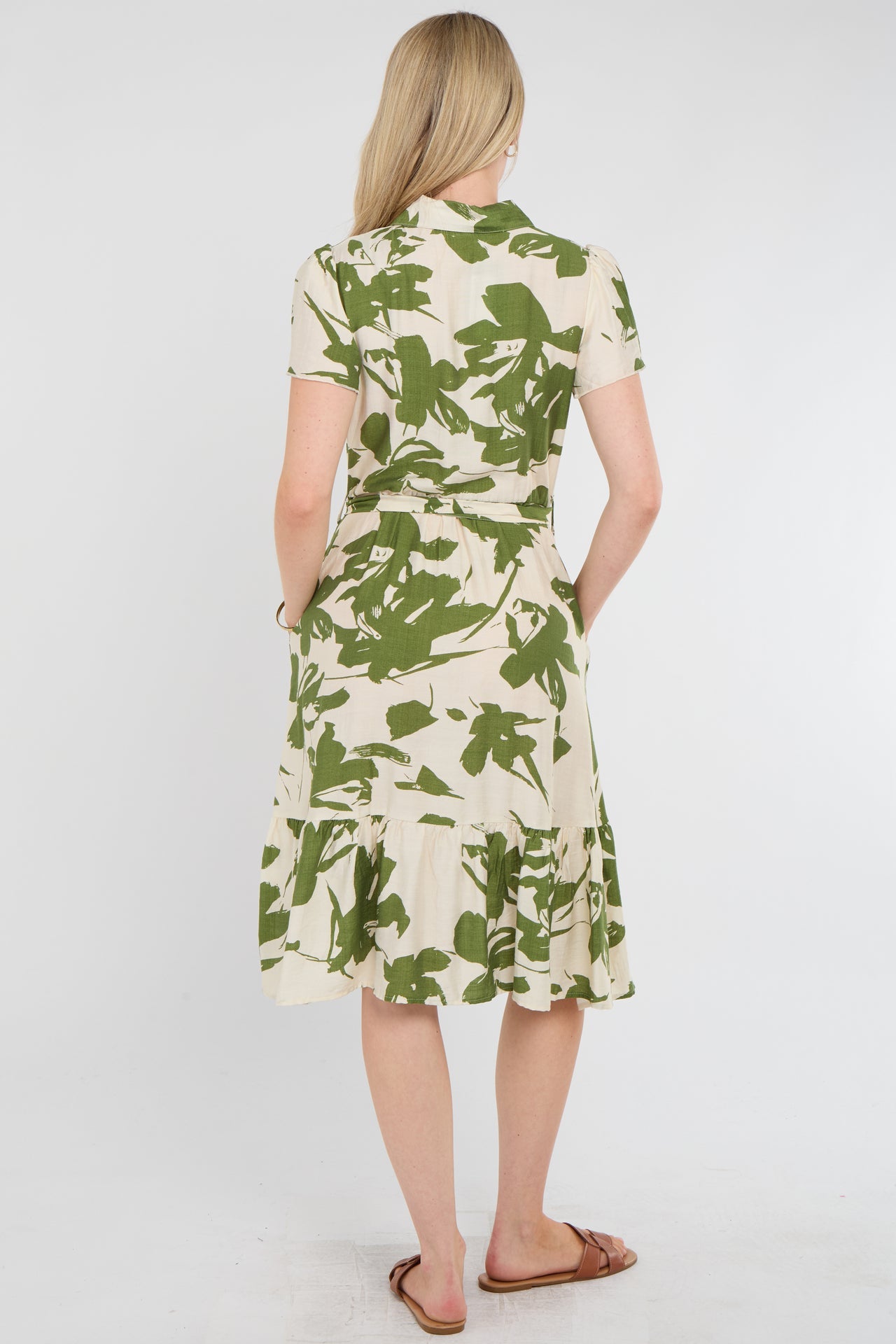 Olive Botanical Midi Shirt Dress