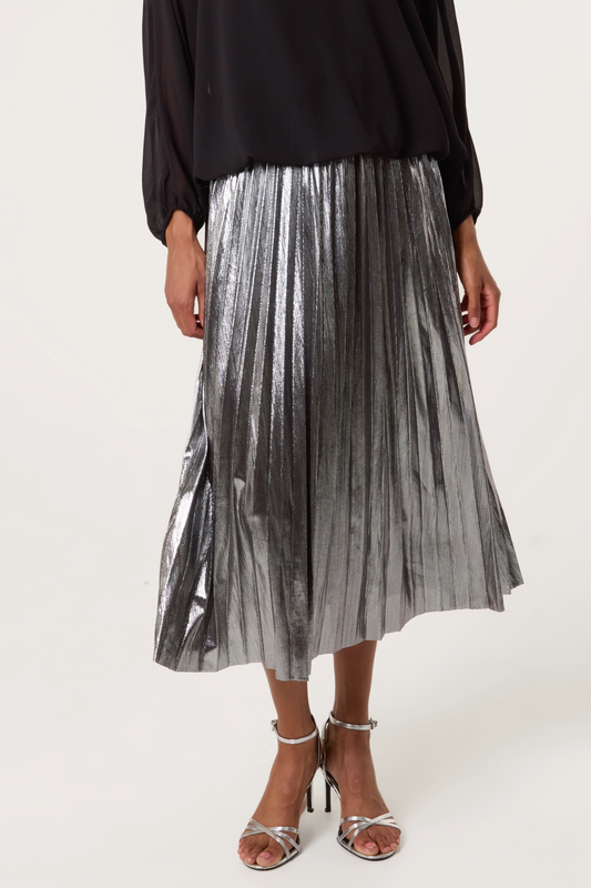 Metallic Pleated Midi Skirt Pewter