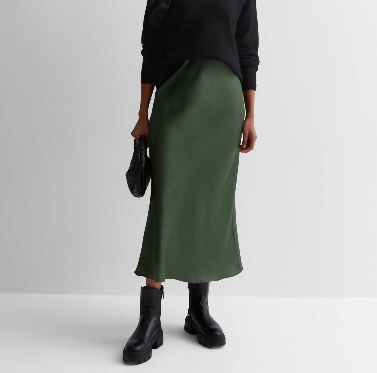 Dark Khaki Bias Cut Satin Skirt
