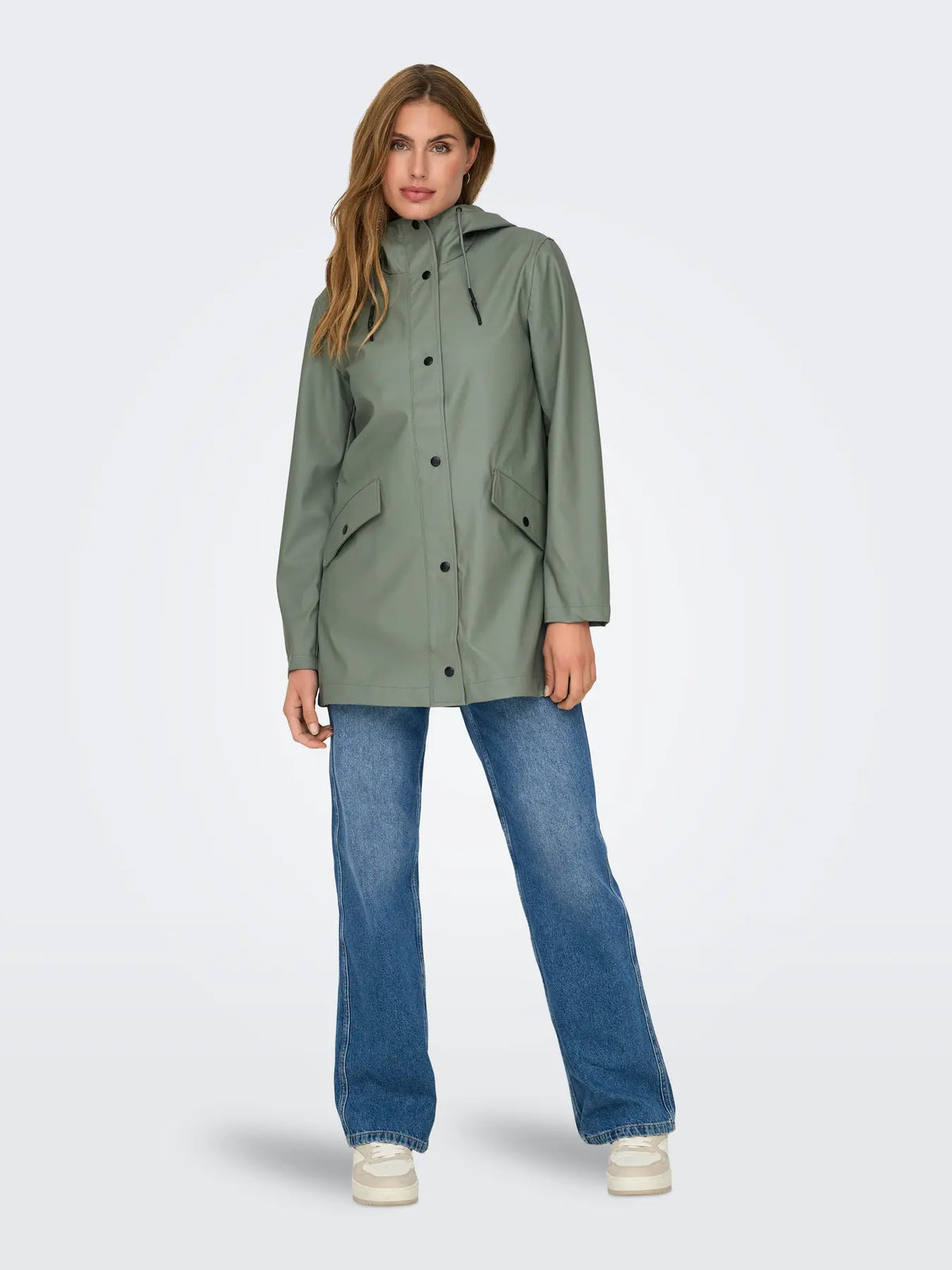 ONLY Elisa Longline Rubberised Raincoat in Agave Green