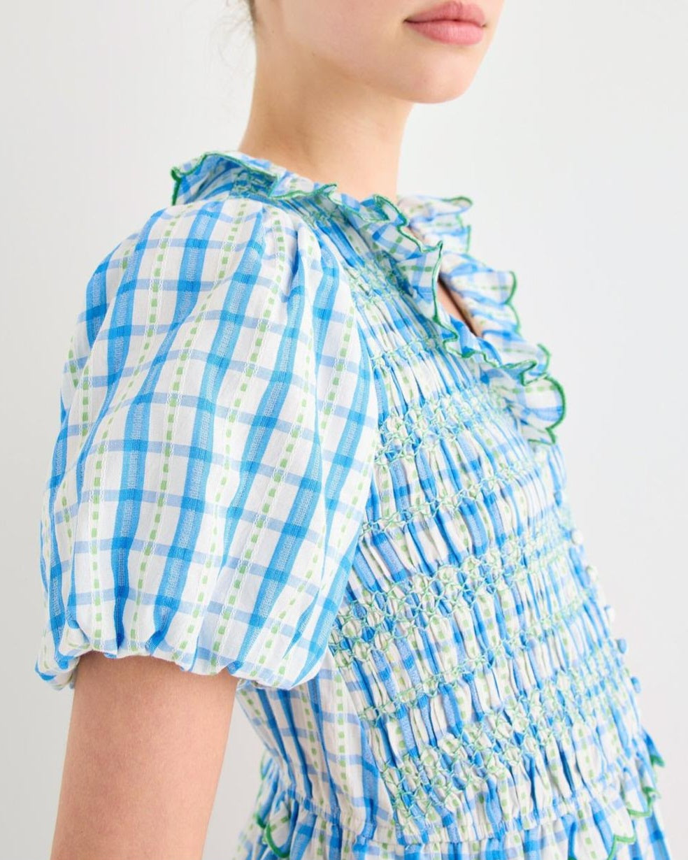 Gingham Shirred Bodice Midi Dress