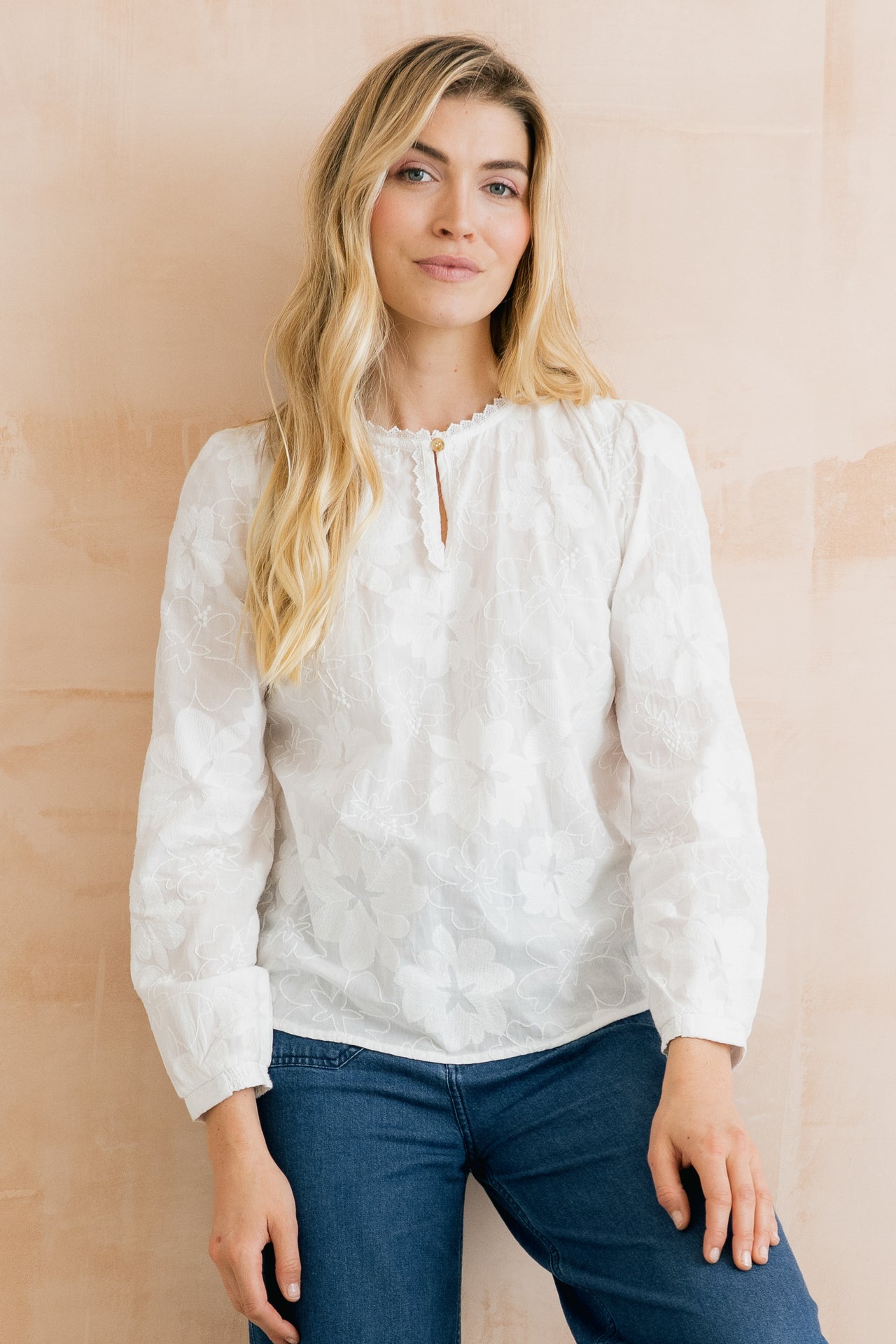 Lily & Me Emily Embroidered Keyhole Blouse