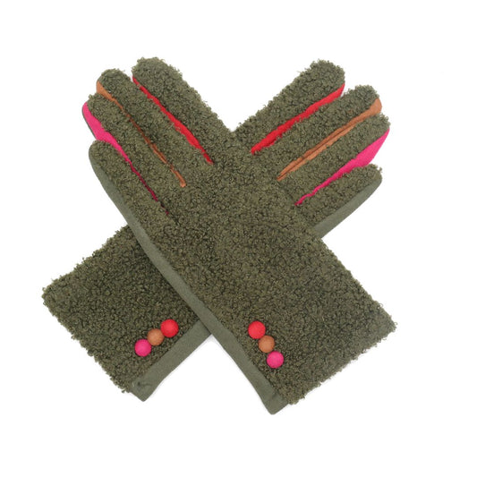 Borg Colour Block Gloves - Olive