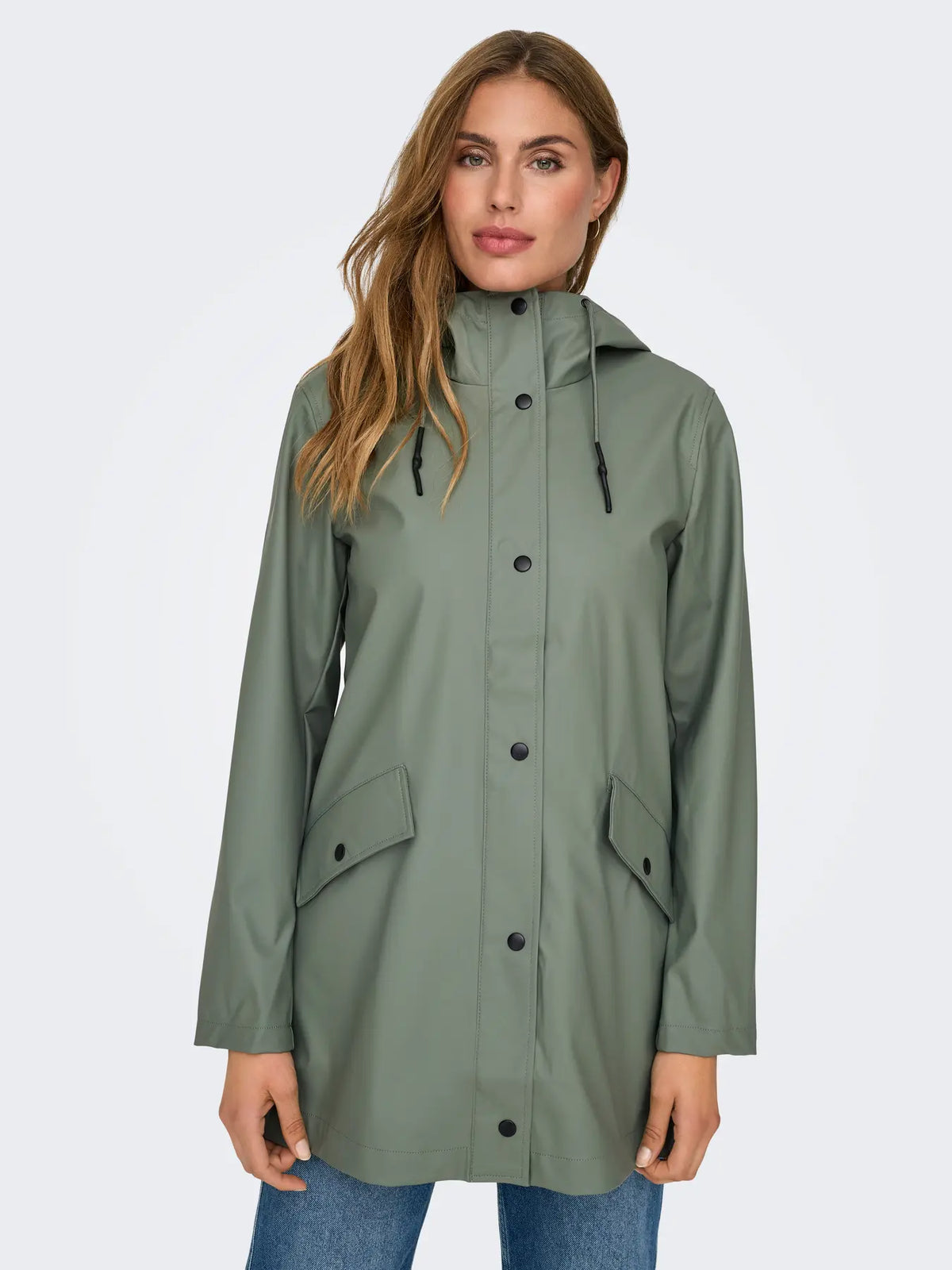 ONLY Elisa Longline Rubberised Raincoat in Agave Green