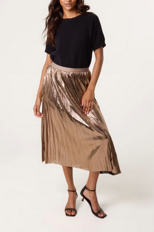 Metallic Pleated Midi Skirt Rose Gold