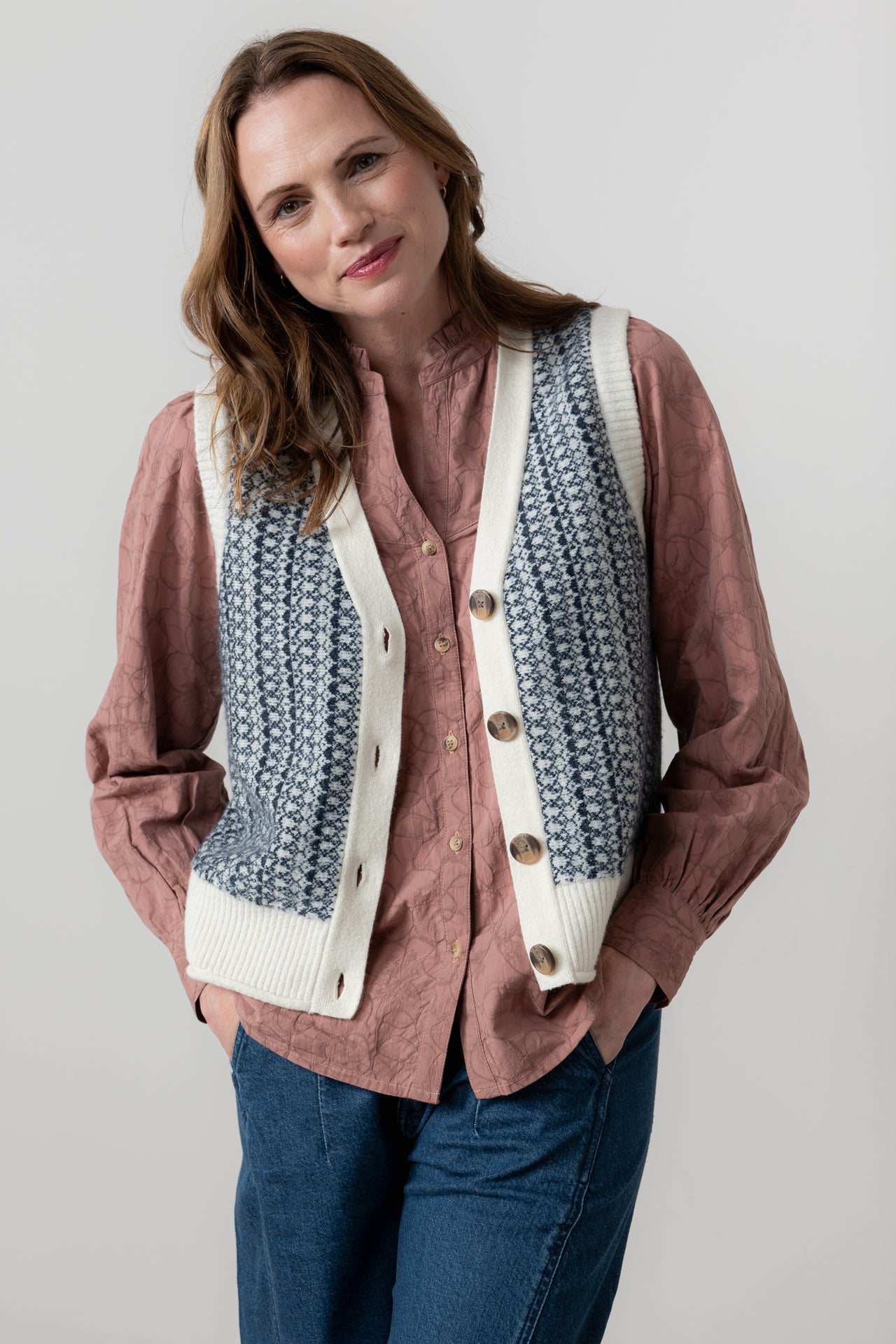 Gwyneth Fair Isle Vest in Ivory & Navy