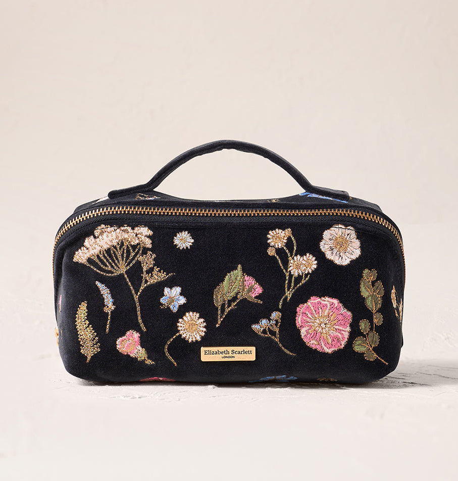 Pressed Flower Open Flat Makeup Bag in Charcoal