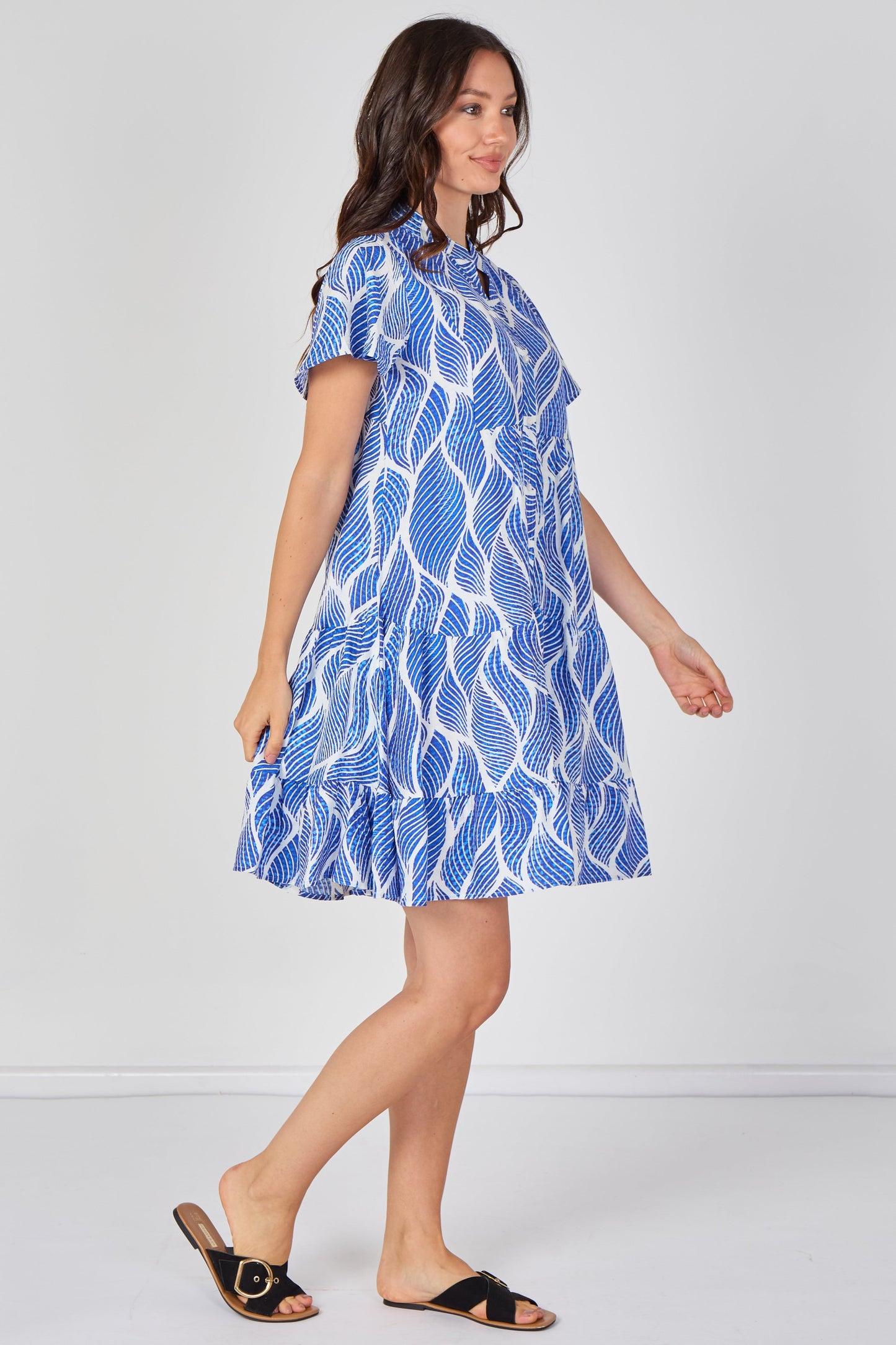 Leaf Print Tiered Mini Dress in Cobalt