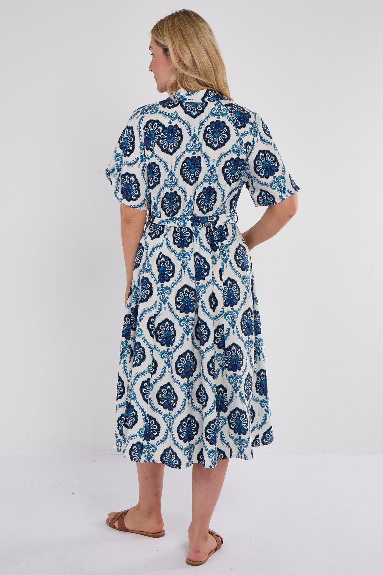 Floral Tile Print Midi Shirt Dress