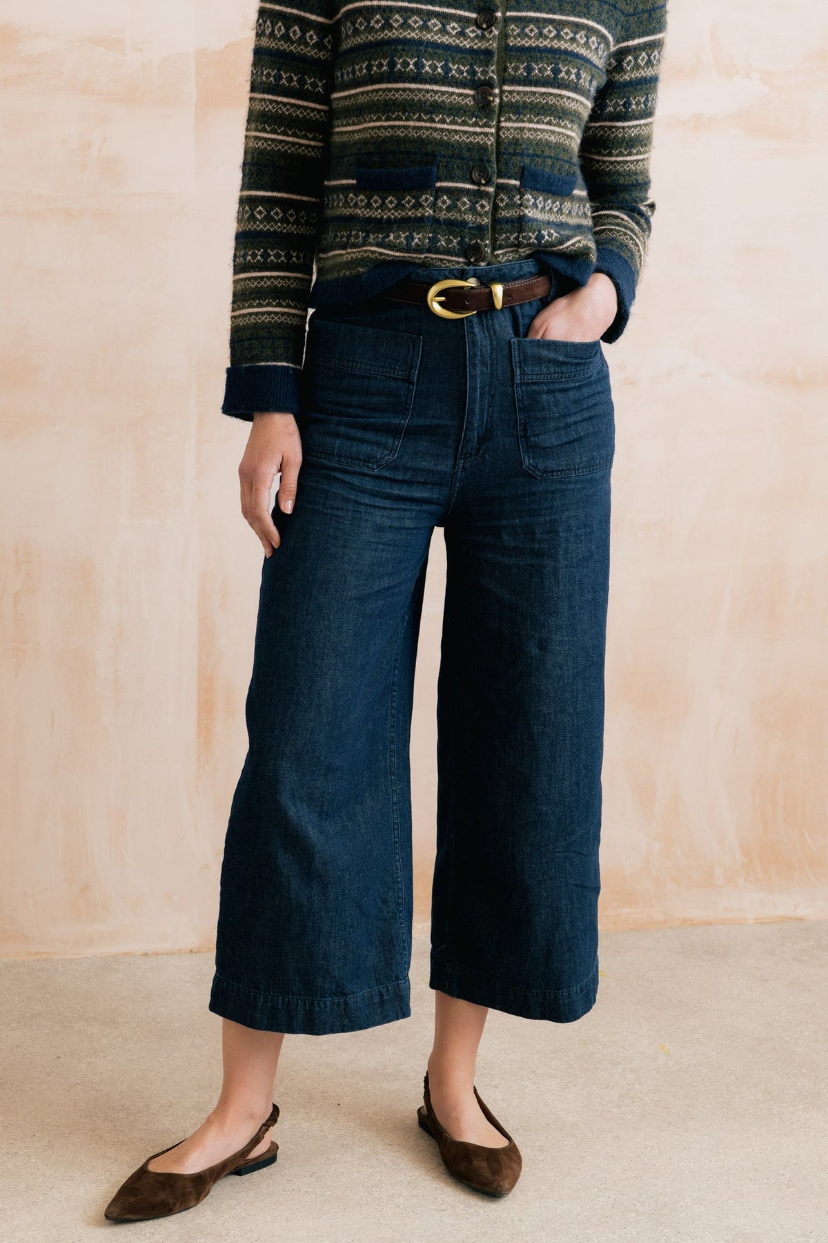 Lily & Me Amelia Cropped Wide Leg Dark Wash Denim Trousers