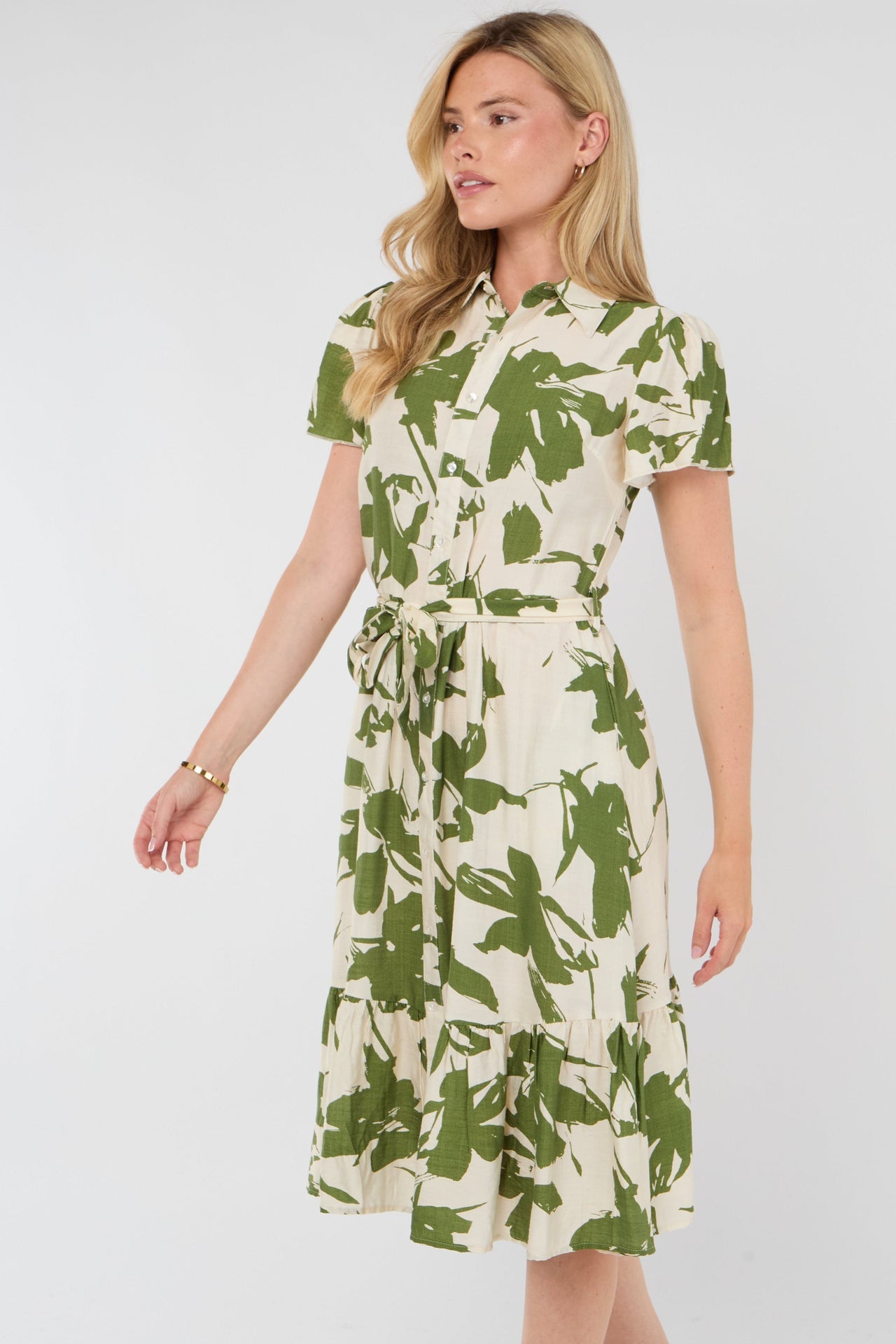 Olive Botanical Midi Shirt Dress
