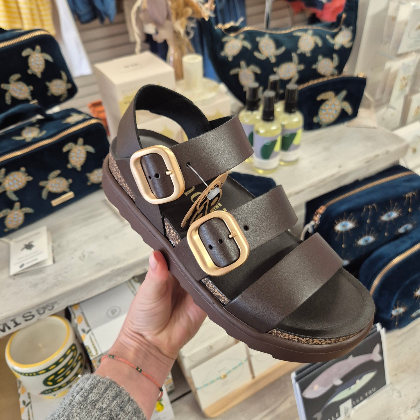Yokono Tunez Triple Strap Sandals in Brown