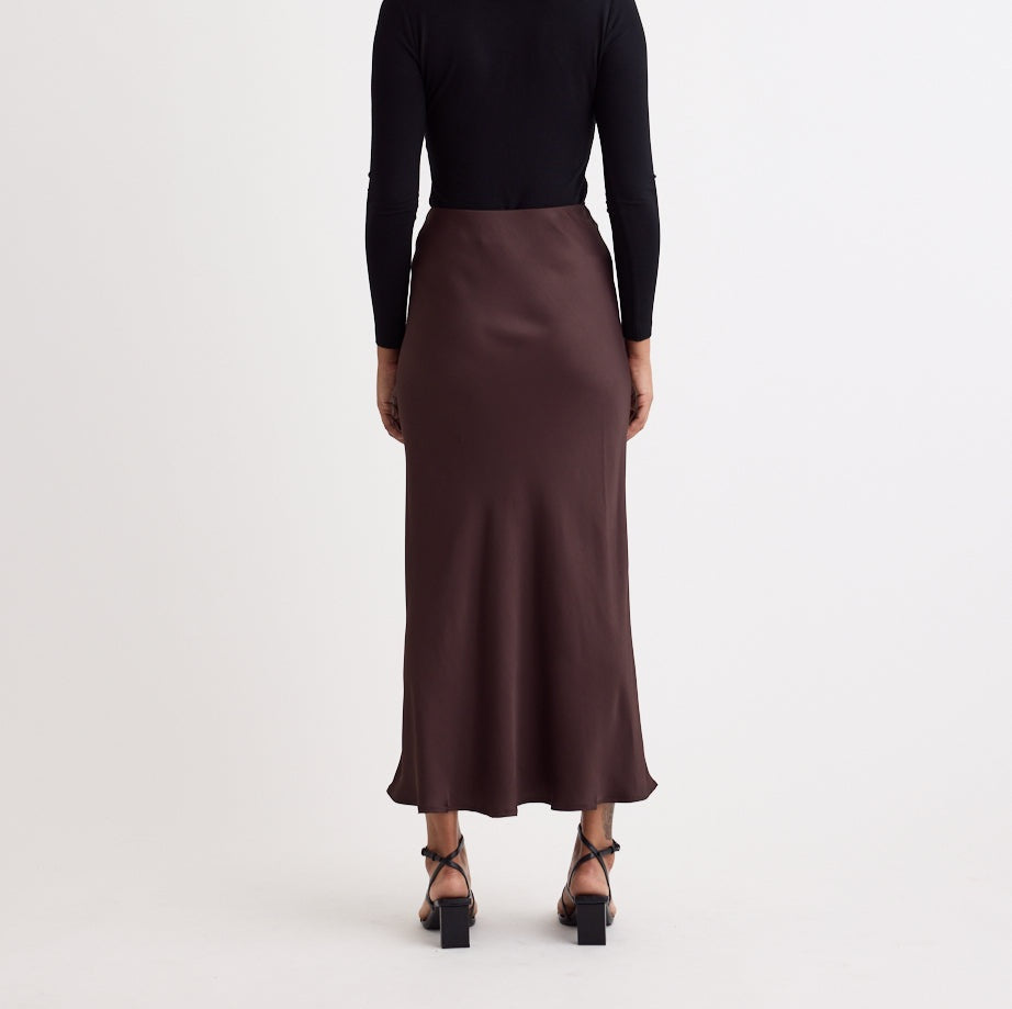 Chocolate Bias Cut Satin Skirt
