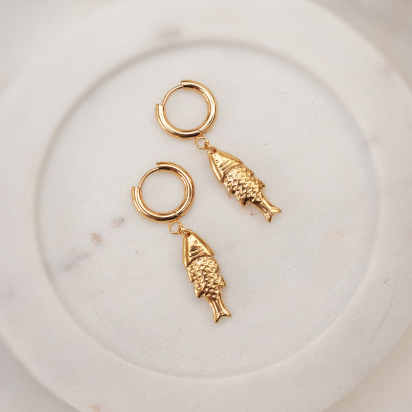 WHITE LEAF 18ct Plated Gold Fish Pendant Huggie Hoops
