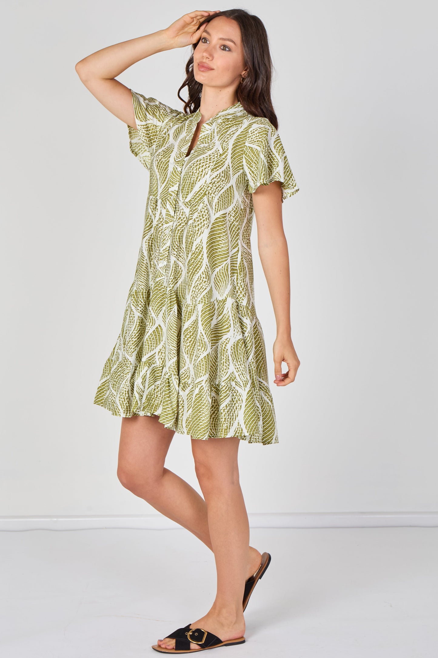 Leaf Print Tiered Mini Dress in Olive