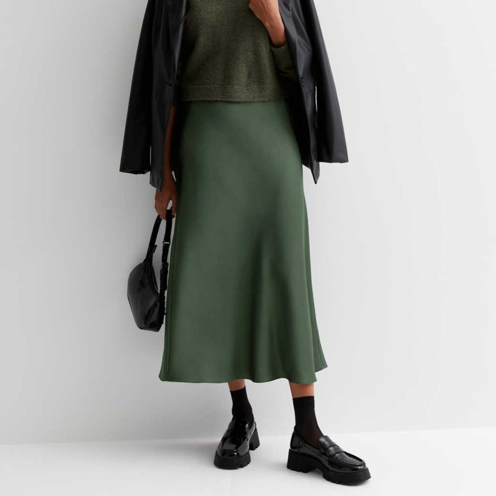 Dark Khaki Bias Cut Satin Skirt