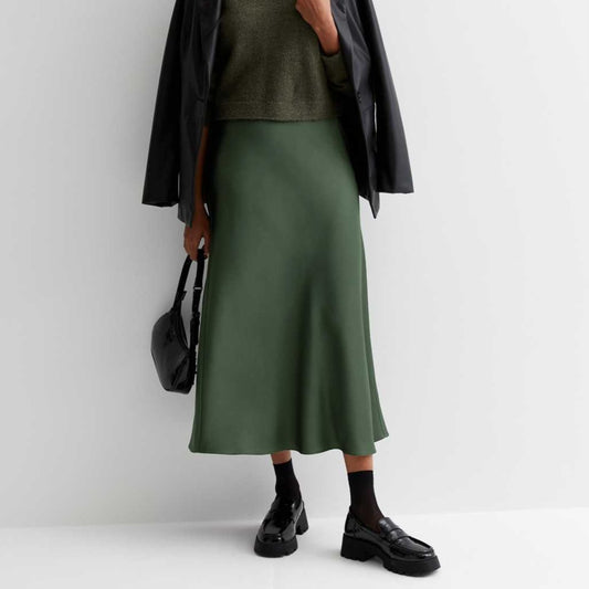 Dark Khaki Bias Cut Satin Skirt