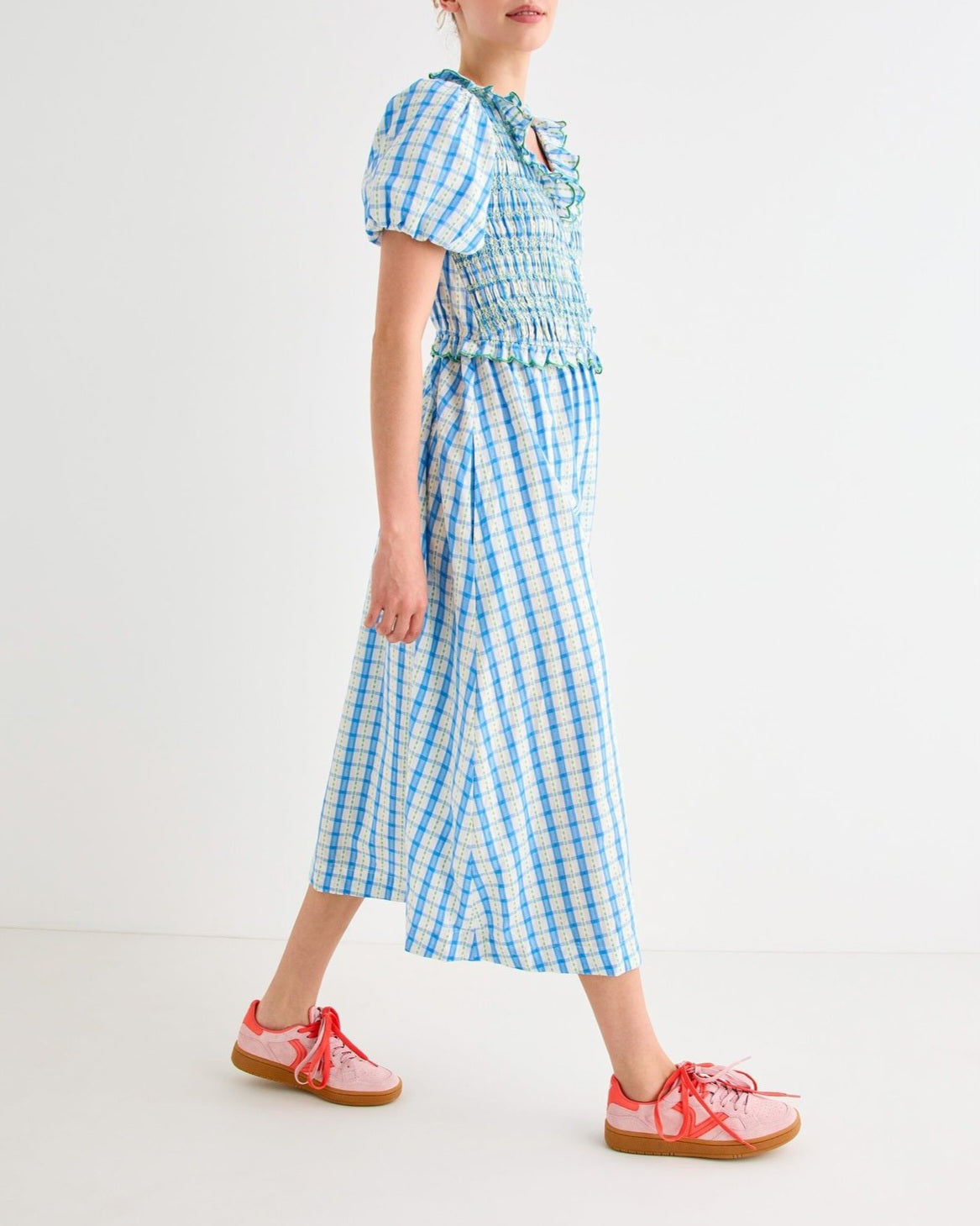 Gingham Shirred Bodice Midi Dress
