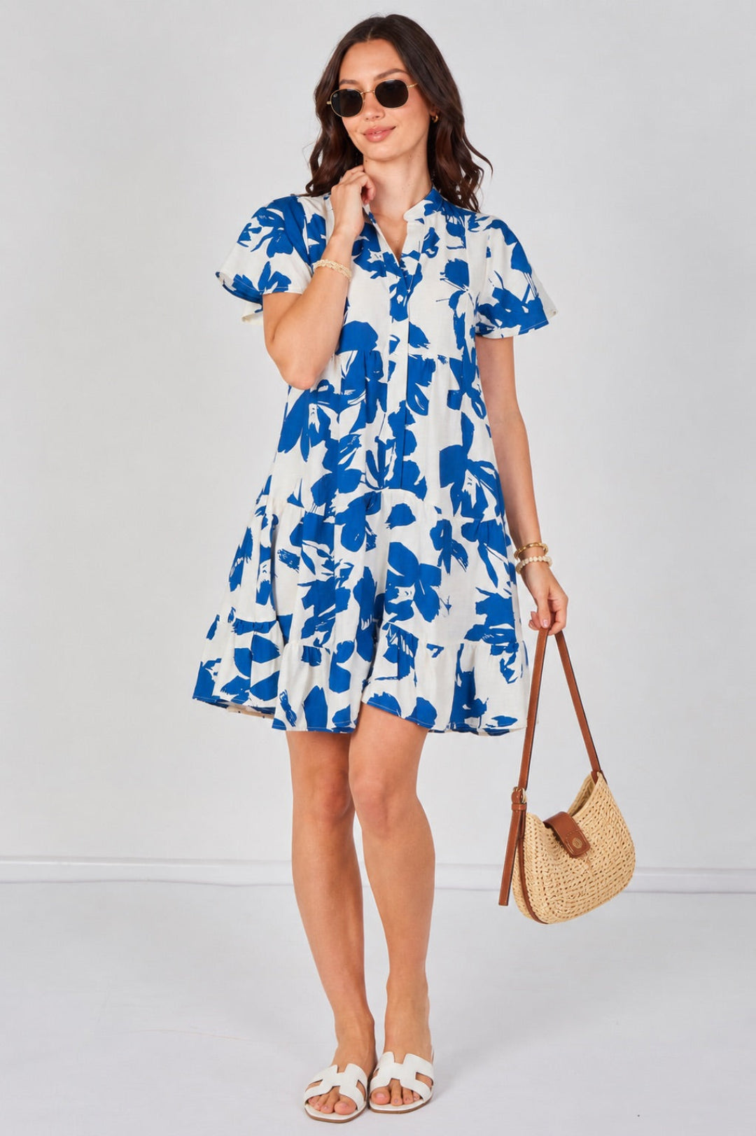 Floral Print Tiered Mini Dress in Cobalt